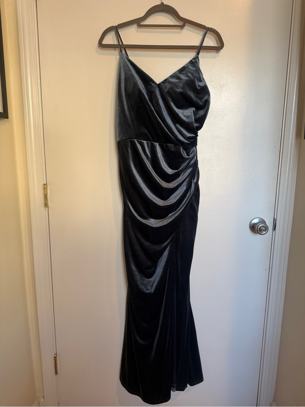 Revelry Blue Velvet Draped Bridesmaid Dress